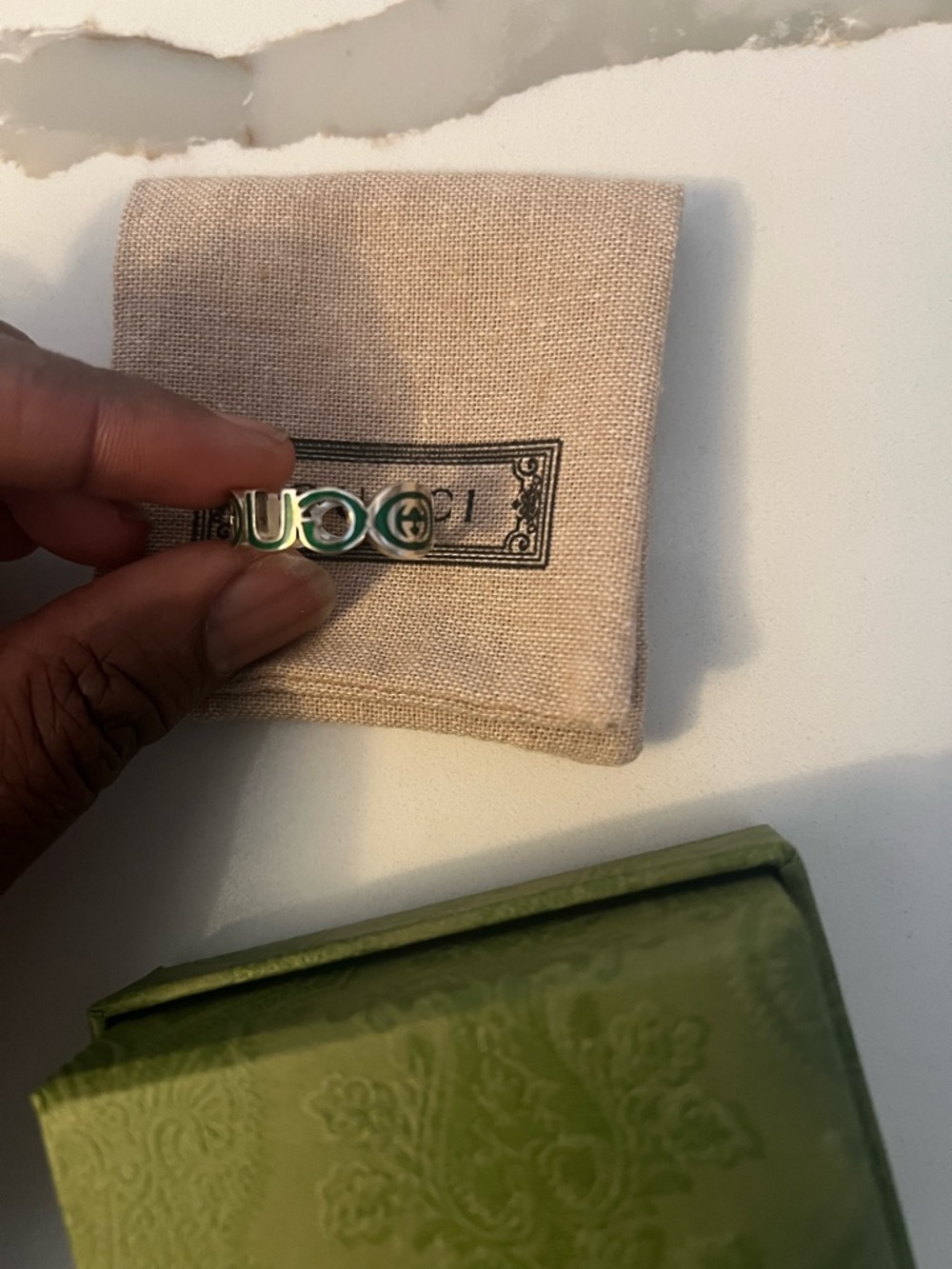 Gucci Sterling Silver Interlocked G Green Enamel Logo Ring - Picture 7 of 8